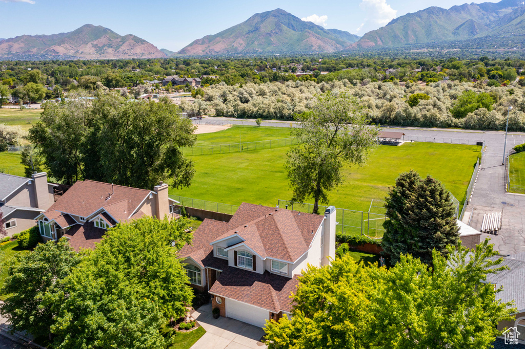 Aerial view of residential area with mountains