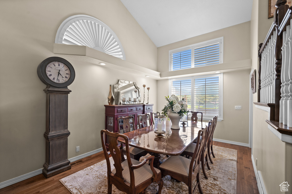 Dining area featuring wood finished floors, high vaulted ceiling, baseboards, and a baseboard radiator
