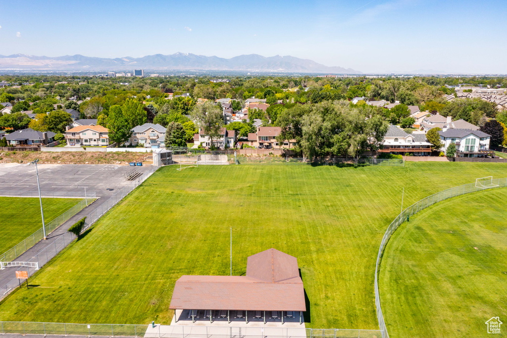 Aerial view of residential area with a mountain backdrop