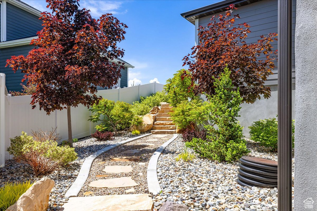 Fenced backyard featuring stairs