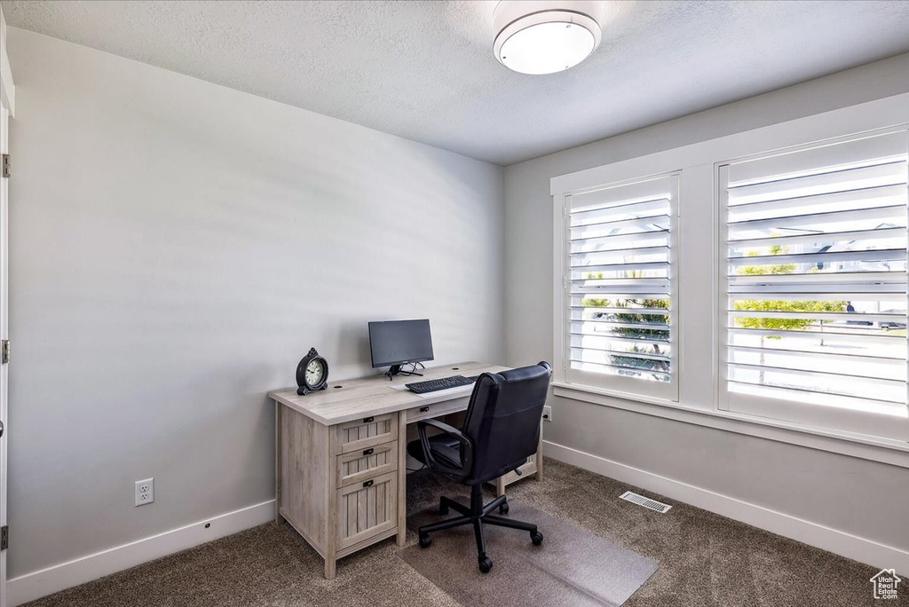 Office area with dark carpet, baseboards, and a textured ceiling