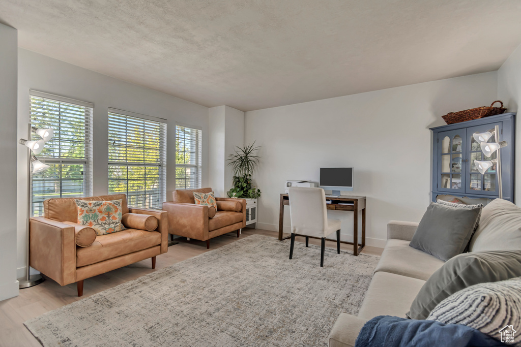 Living room with light wood finished floors, a desk, baseboards, and a textured ceiling