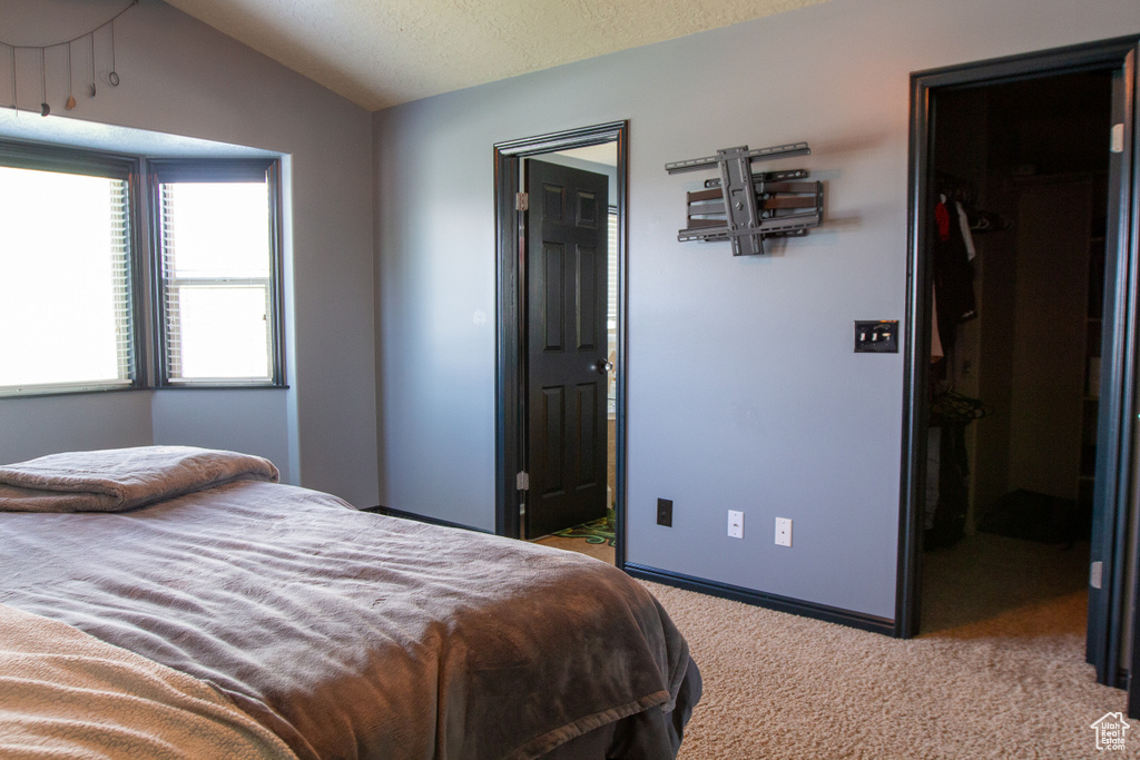 Bedroom featuring a walk in closet, carpet floors, lofted ceiling, a closet, and connected bathroom