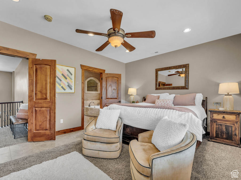 Bedroom with baseboards, recessed lighting, light tile patterned flooring, and a ceiling fan