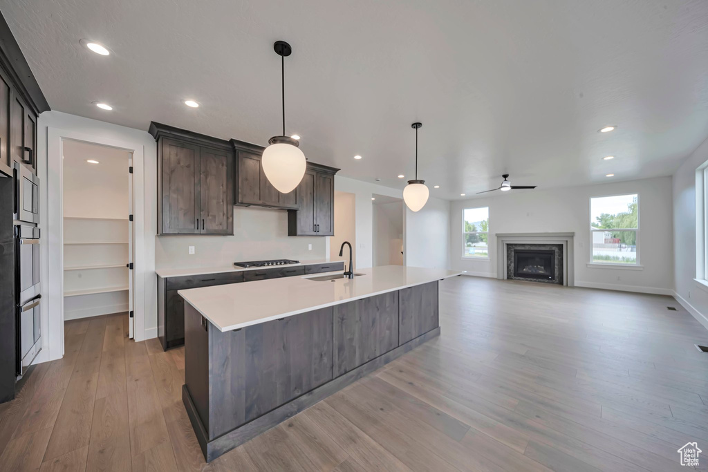 Kitchen with light wood-style floors, dark brown cabinetry, light countertops, an island with sink, and a fireplace
