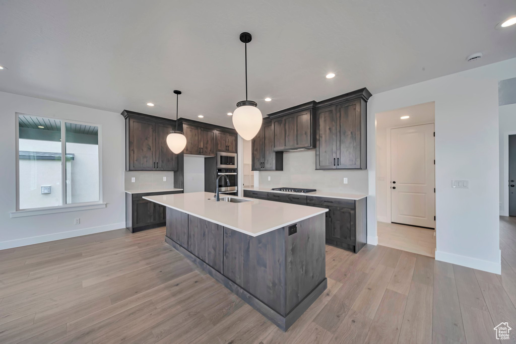 Kitchen featuring stainless steel appliances, dark brown cabinetry, light wood finished floors, light countertops, and recessed lighting
