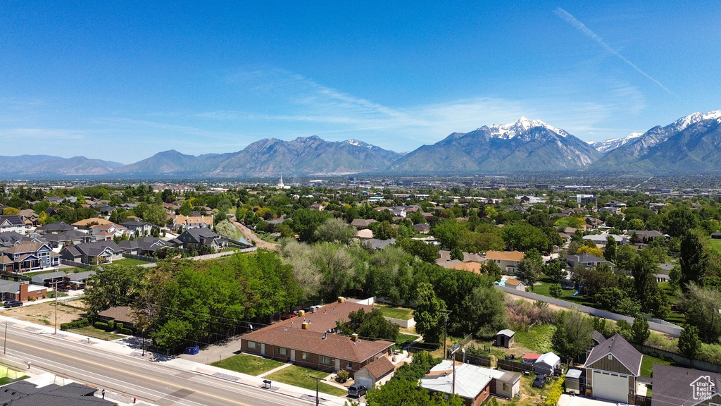 Aerial view of residential area with mountains