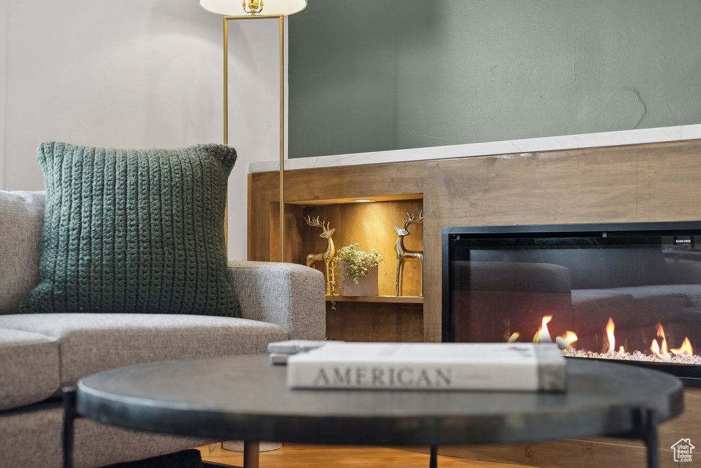 Detailed view of a glass covered fireplace