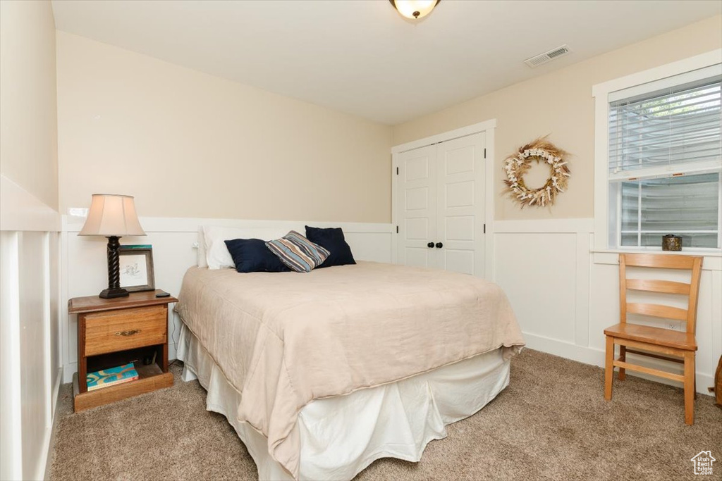 Carpeted bedroom with a wainscoted wall, a closet, and a decorative wall
