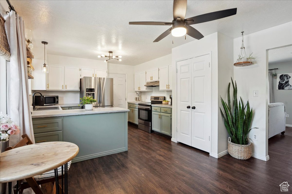 Kitchen with stainless steel appliances, under cabinet range hood, dark wood-style flooring, a peninsula, and light countertops