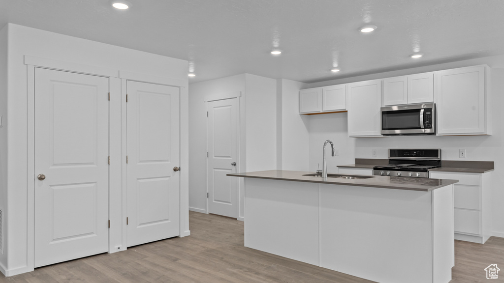 Kitchen featuring stainless steel microwave, stove, a sink, light wood-style floors, and recessed lighting