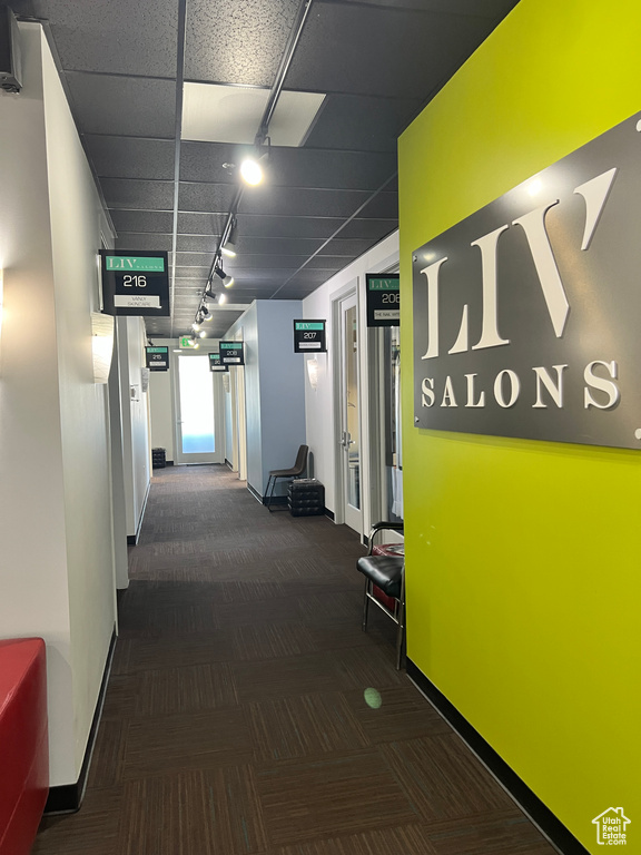 Hall featuring baseboards, rail lighting, and carpet floors