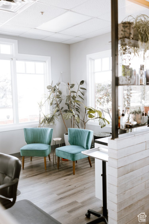 Sitting room featuring healthy amount of natural light, wood finished floors, and a paneled ceiling