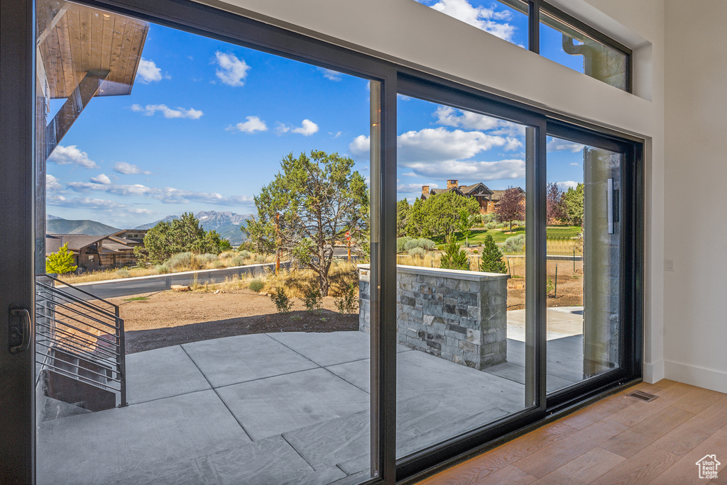 Entryway featuring wood finished floors, baseboards, and a mountain view