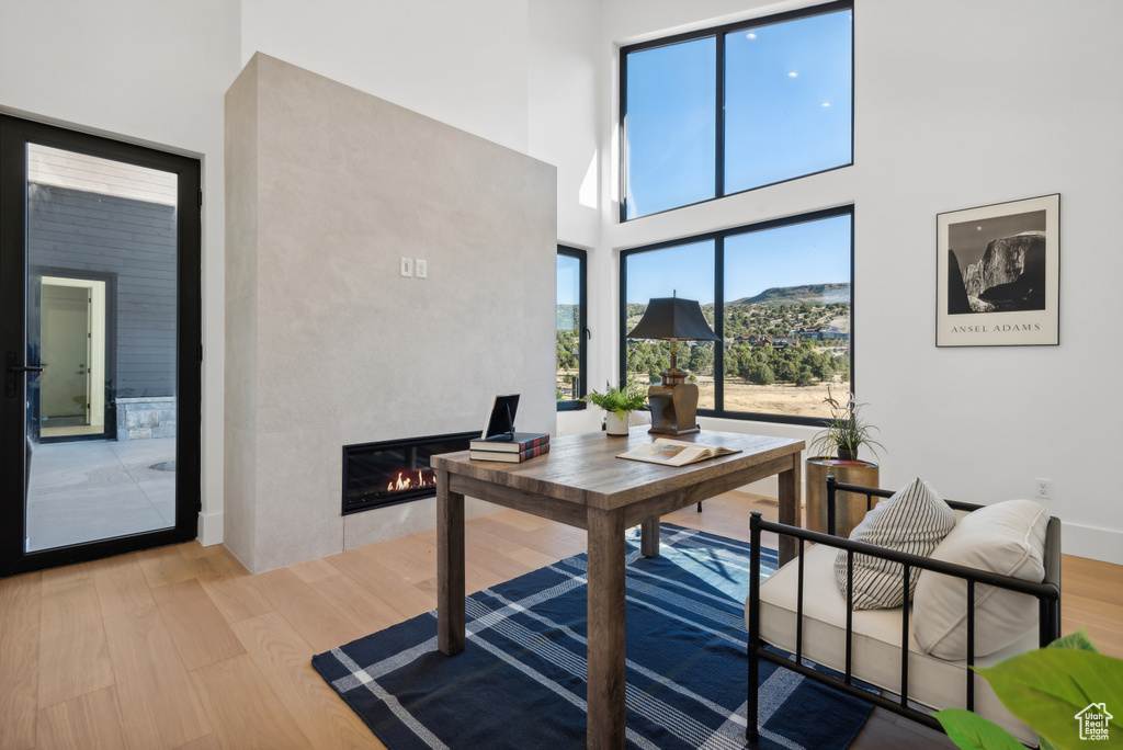 Office area with light wood finished floors, a fireplace, a towering ceiling, and a mountain view