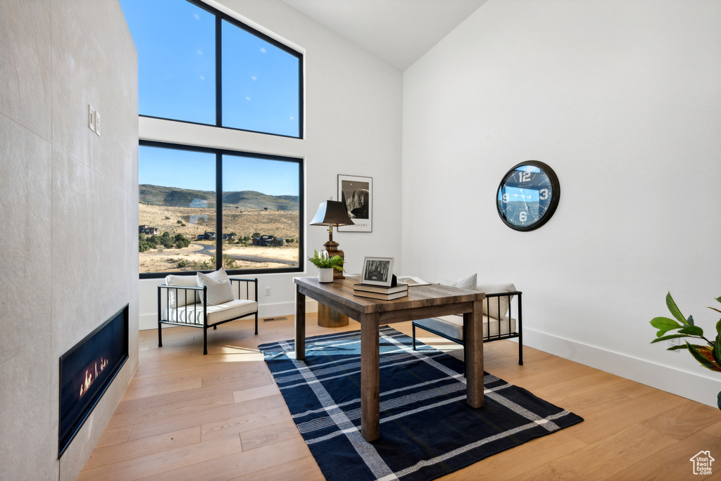 Office area featuring a towering ceiling, a mountain view, light wood-style floors, baseboards, and a large fireplace