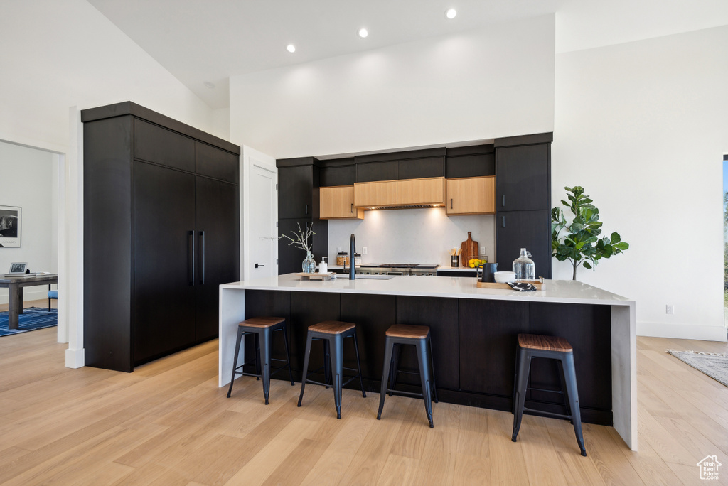 Kitchen featuring light countertops, a breakfast bar, light wood-style flooring, dark cabinetry, and modern cabinets
