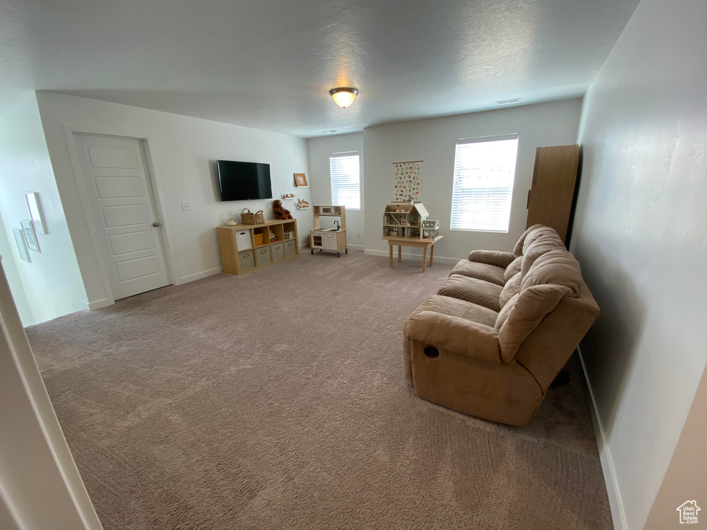 Carpeted living area with baseboards