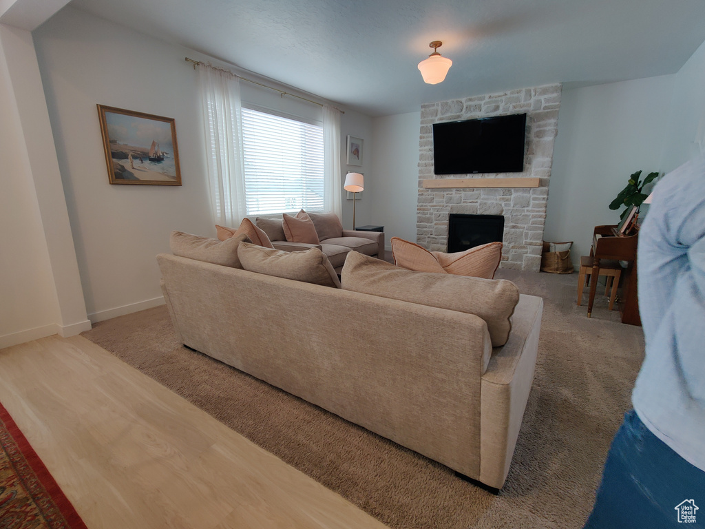 Living room featuring a fireplace and baseboards