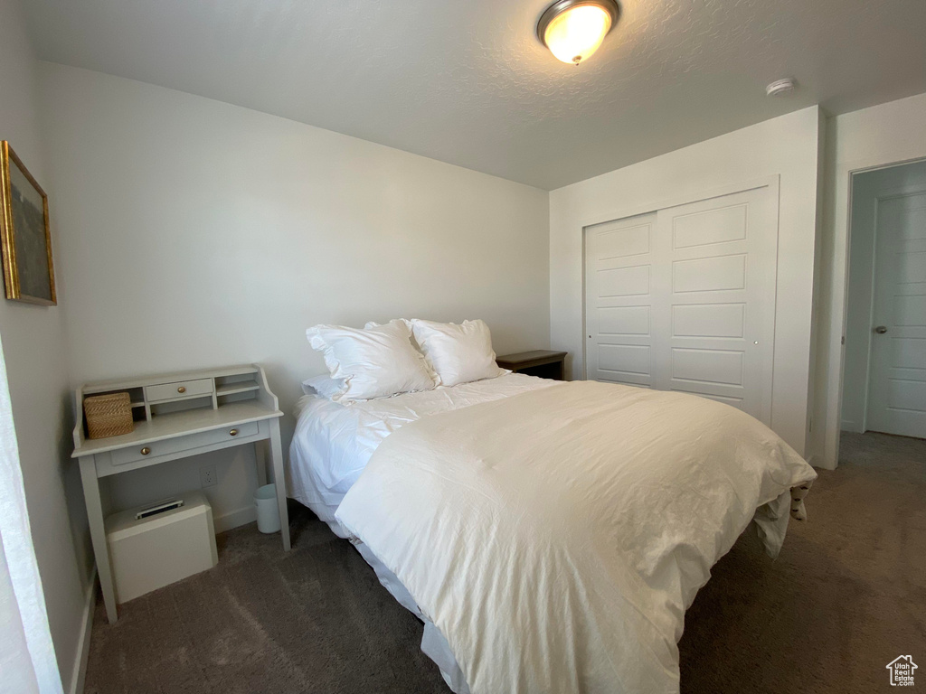 Carpeted bedroom with a closet and baseboards