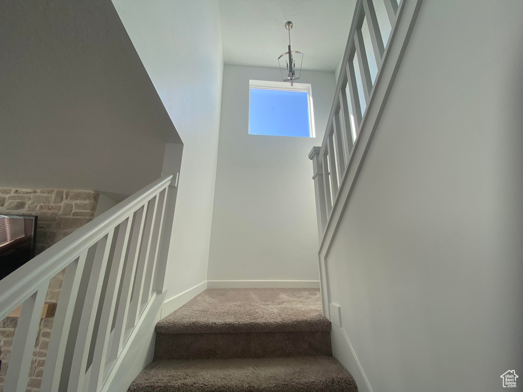 Staircase with carpet and baseboards