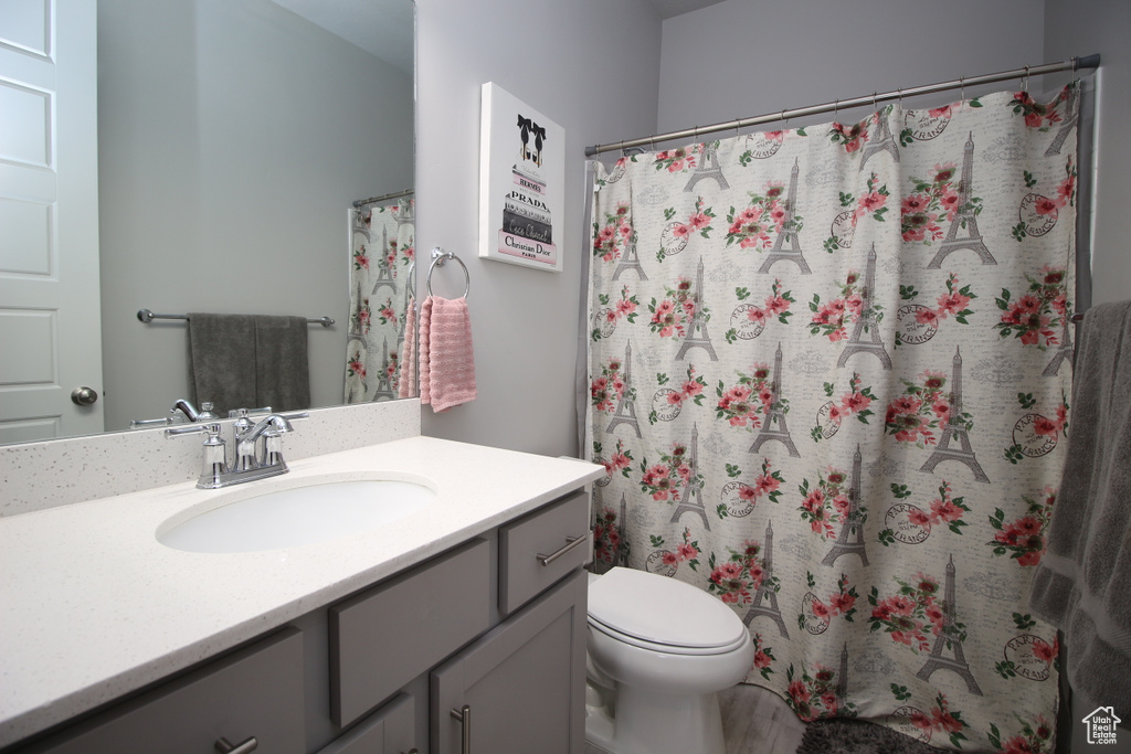 Bathroom with vanity, toilet, and a shower with curtain