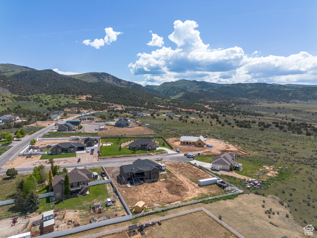 Aerial view of residential area with mountains