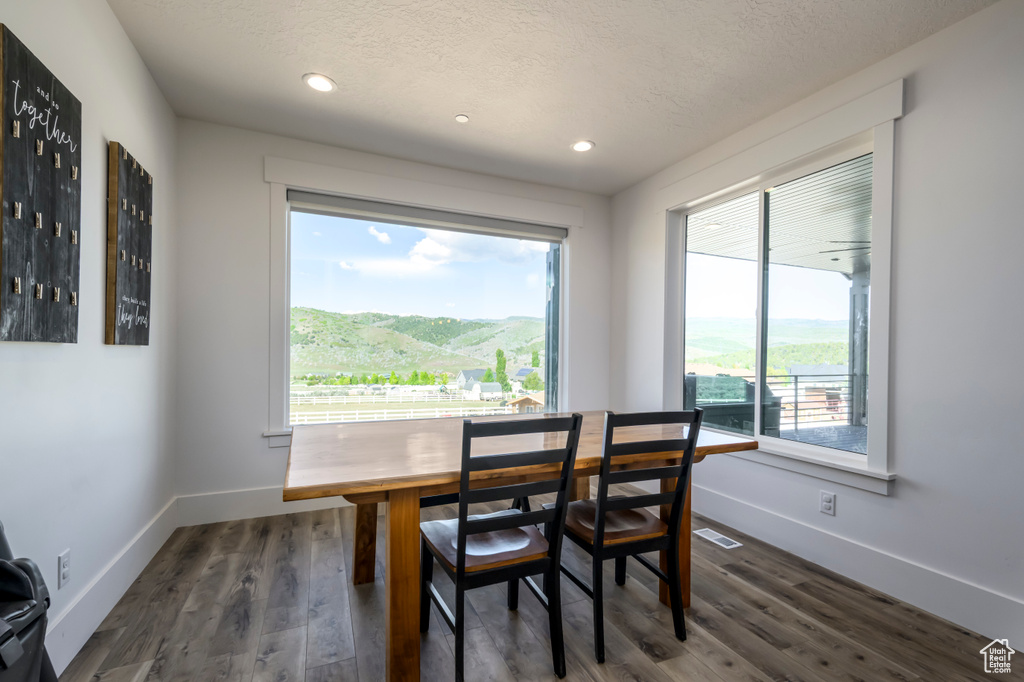 Dining area with dark wood-type flooring, baseboards, recessed lighting, and a textured ceiling