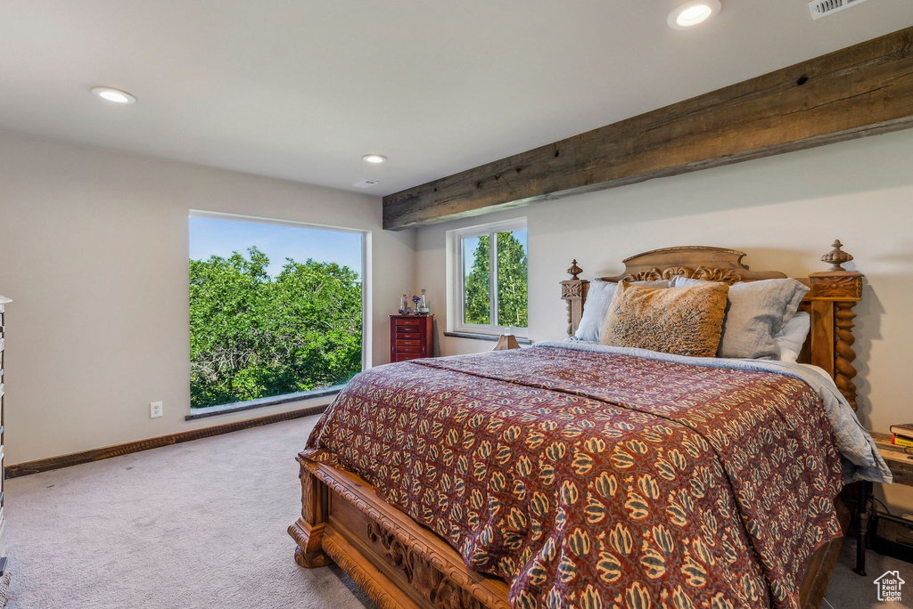 Bedroom featuring carpet floors, recessed lighting, and baseboards