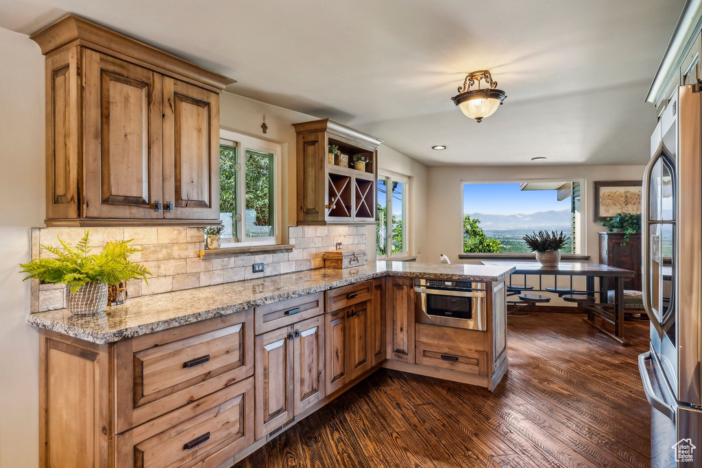 Kitchen featuring appliances with stainless steel finishes, dark wood-type flooring, a peninsula, backsplash, and plenty of natural light