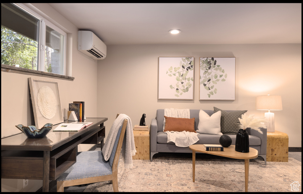 Home office featuring a wall unit AC and recessed lighting