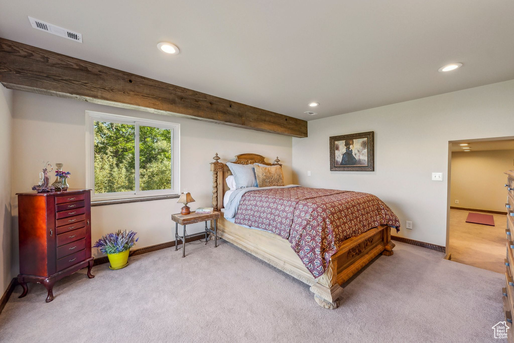 Bedroom with carpet, recessed lighting, and baseboards