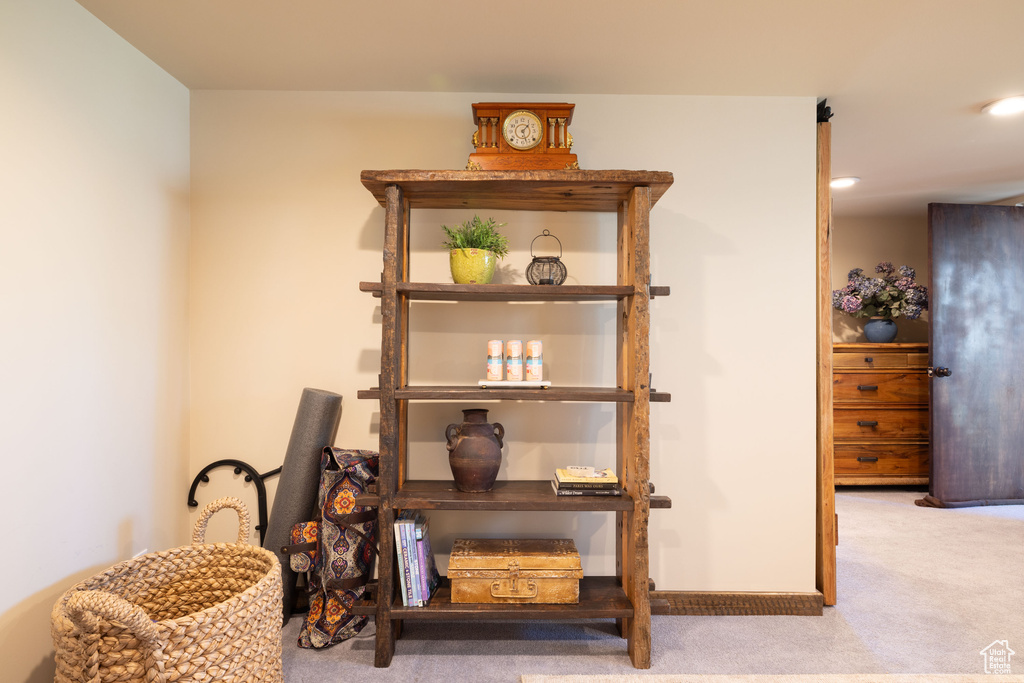 Detailed view of carpet and recessed lighting