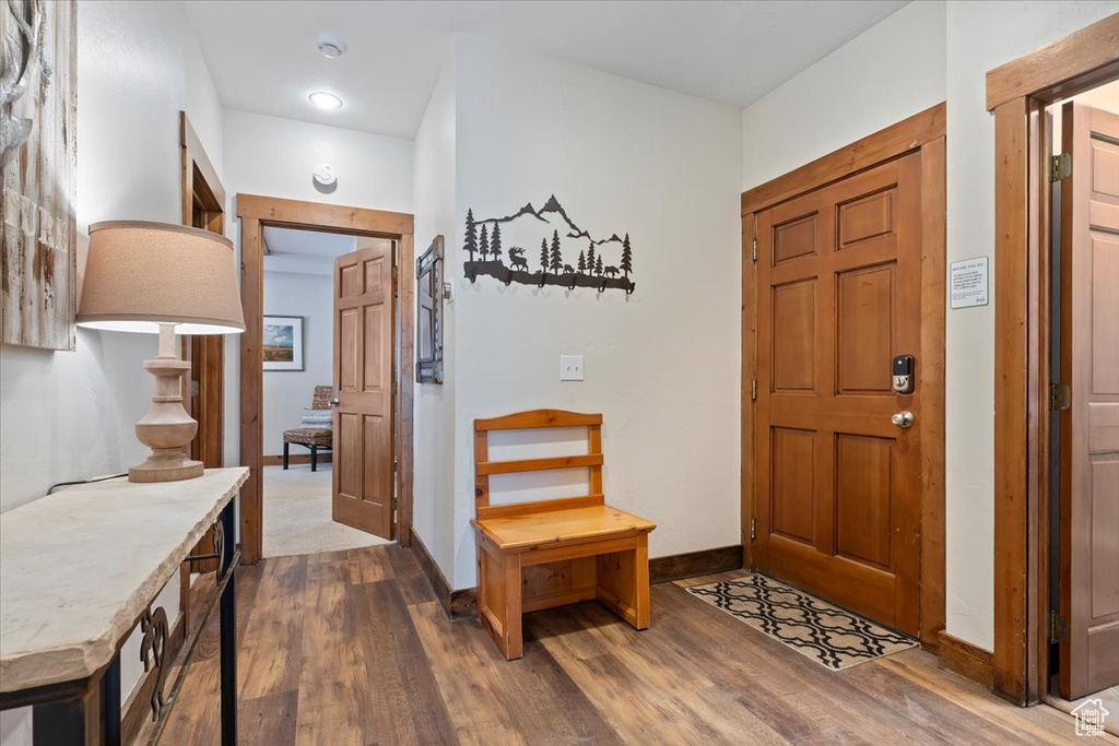 Foyer entrance featuring dark wood-type flooring and baseboards