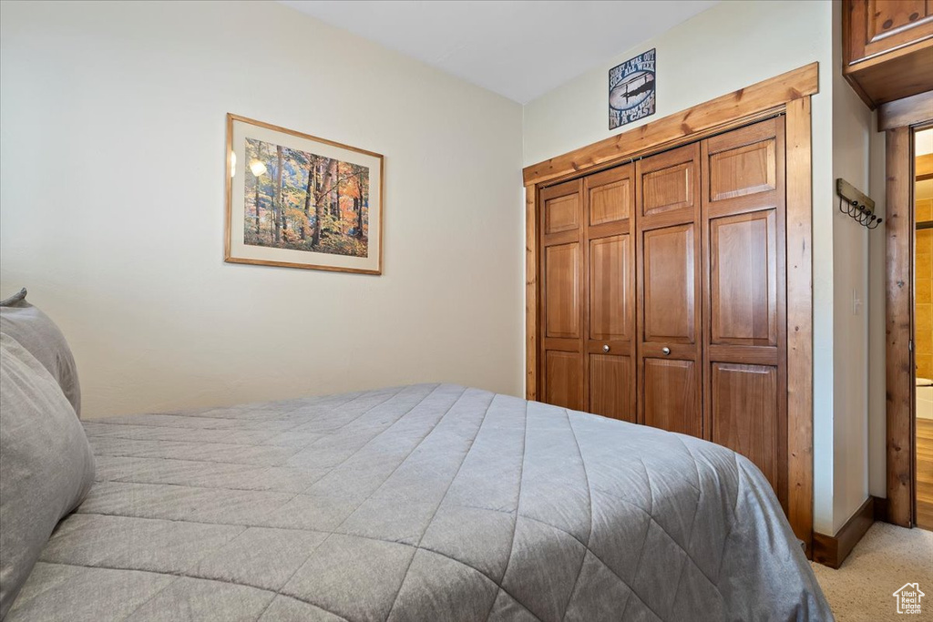 Bedroom with light colored carpet