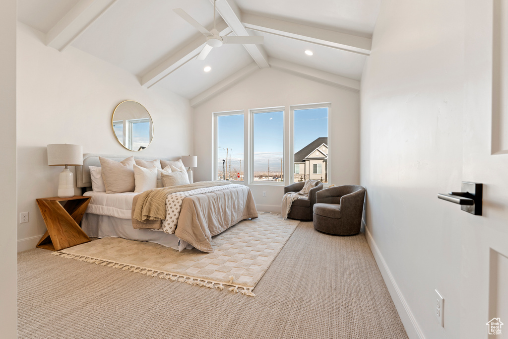Bedroom featuring baseboards, recessed lighting, carpet flooring, and ceiling fan