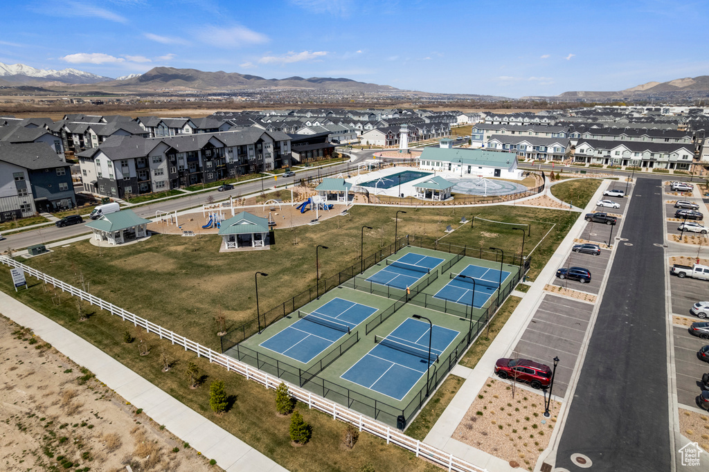 Aerial perspective of suburban area featuring mountains