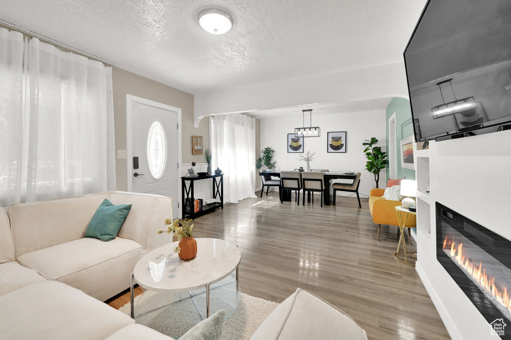 Living room with a textured ceiling, wood finished floors, and a glass covered fireplace