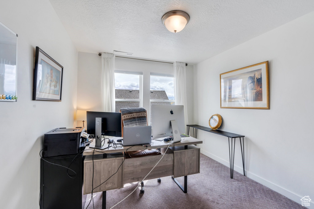 Office space with a textured ceiling, carpet floors, and baseboards