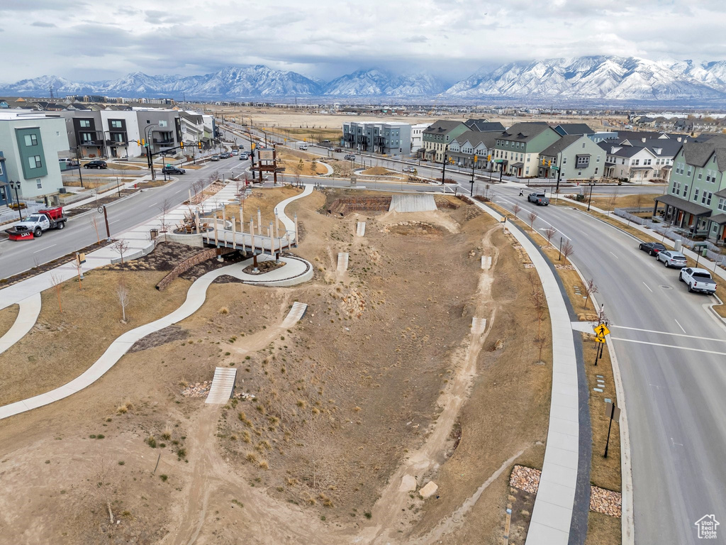 Aerial view of residential area with a mountainous background