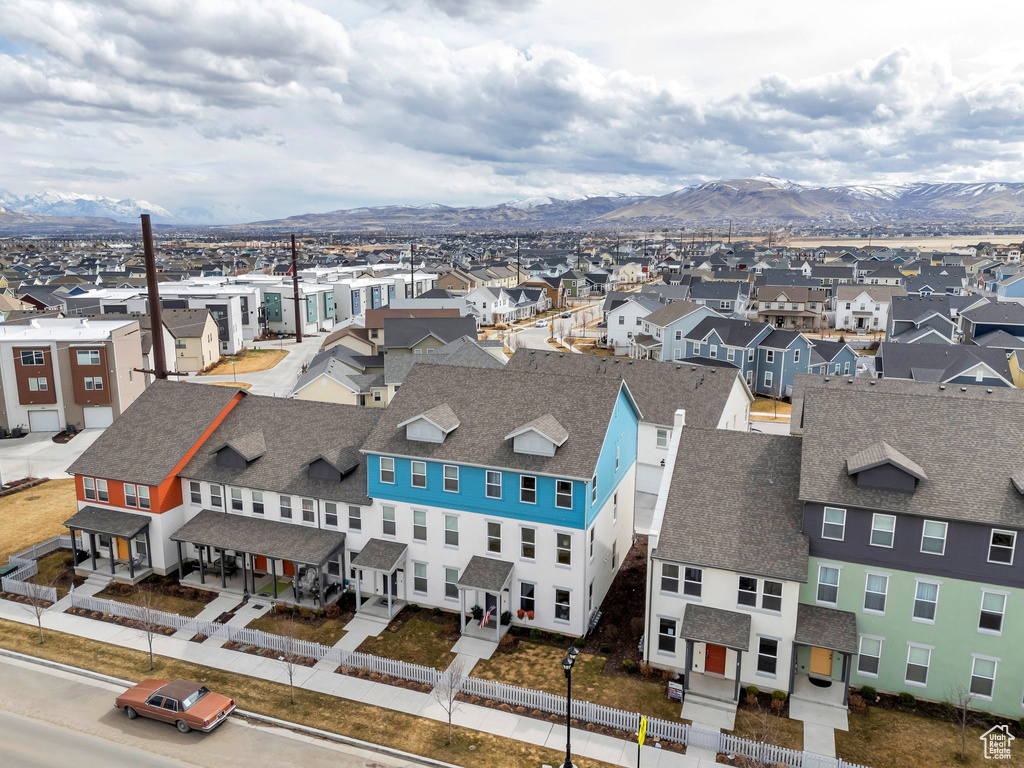 Aerial view of residential area with mountains