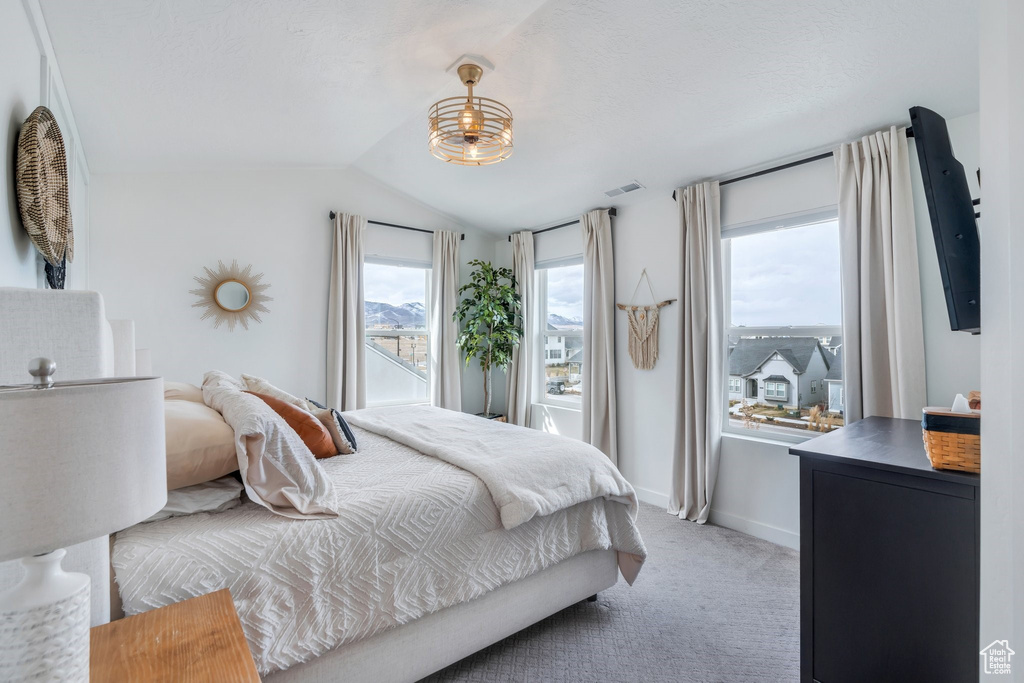 Bedroom featuring light colored carpet, vaulted ceiling, and baseboards