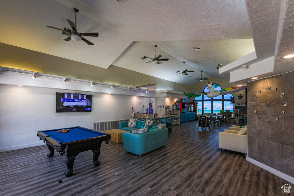 Playroom with ceiling fan, wood finished floors, billiards, baseboards, and a textured ceiling