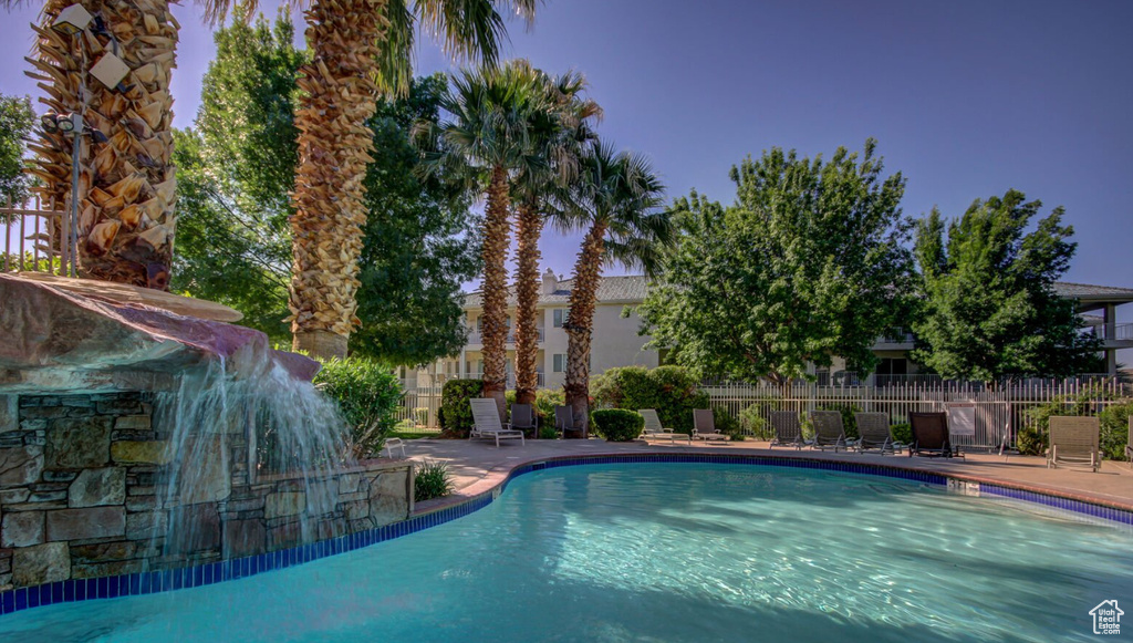 View of swimming pool with a patio