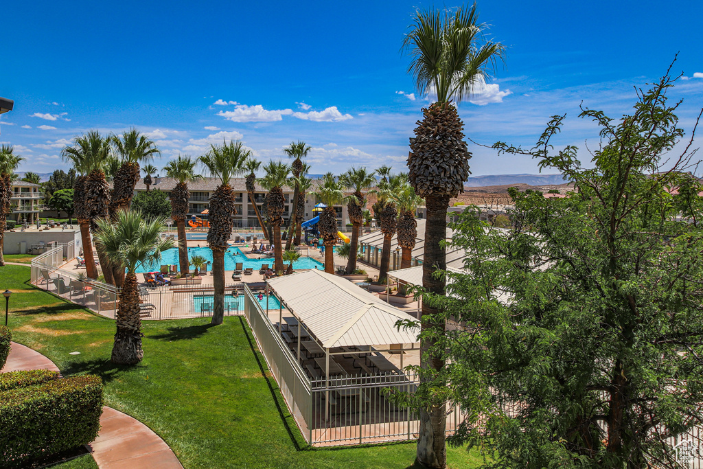 Drone / aerial view of a pool