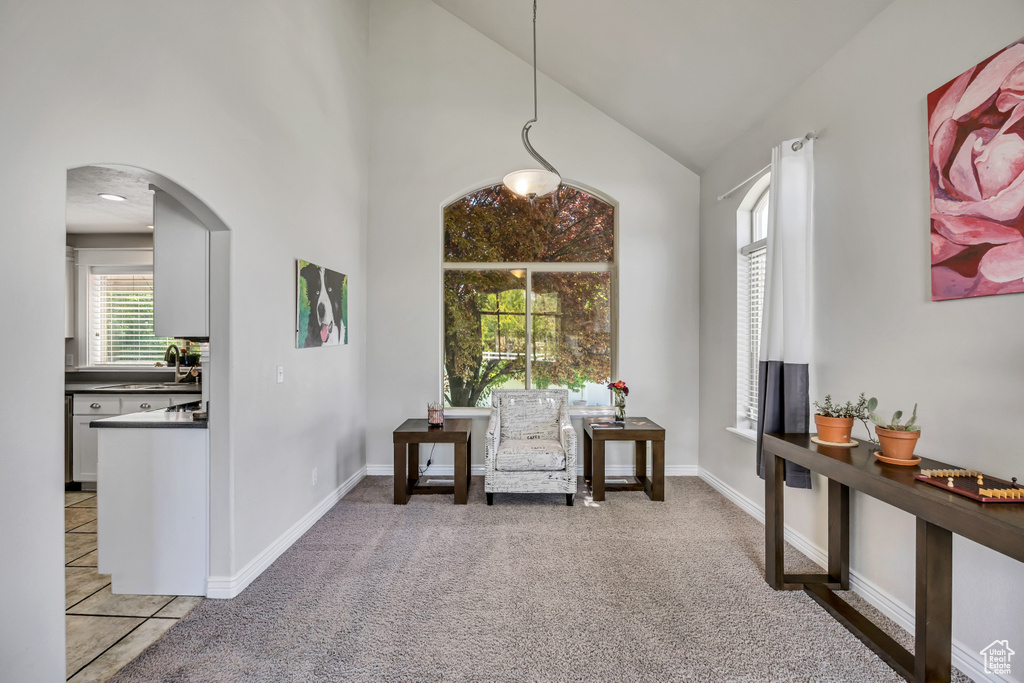 Sitting room featuring arched walkways, baseboards, high vaulted ceiling, and light colored carpet