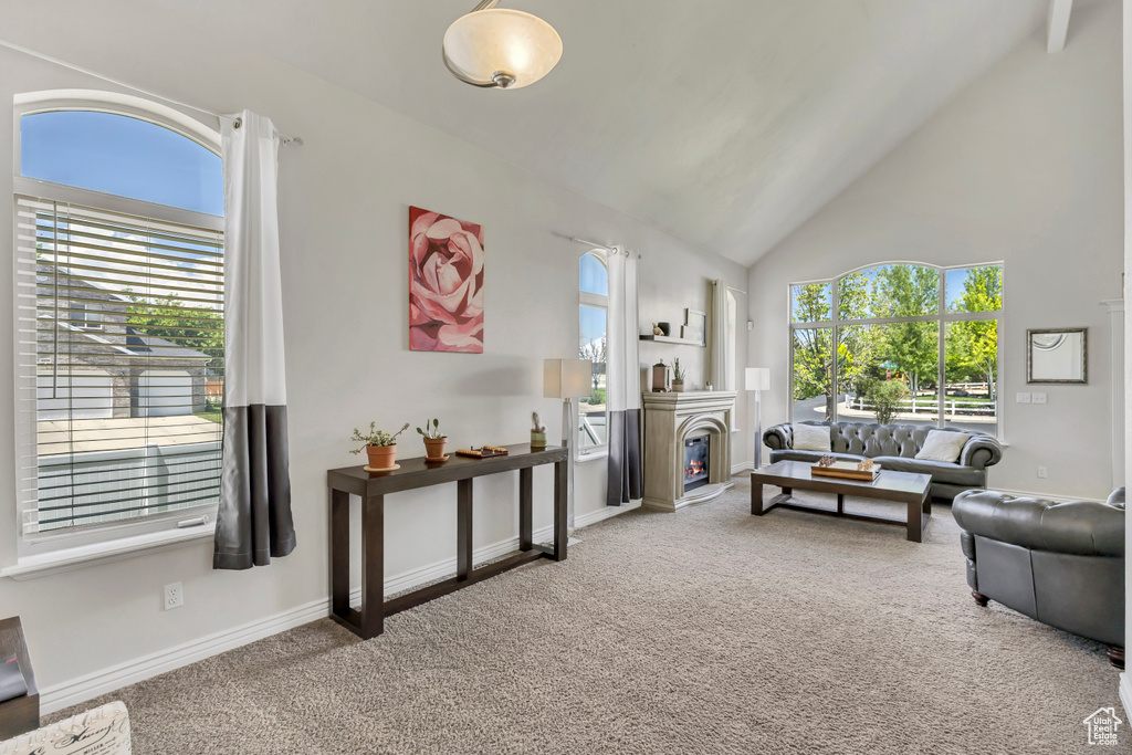 Carpeted living area featuring high vaulted ceiling, a warm lit fireplace, and baseboards