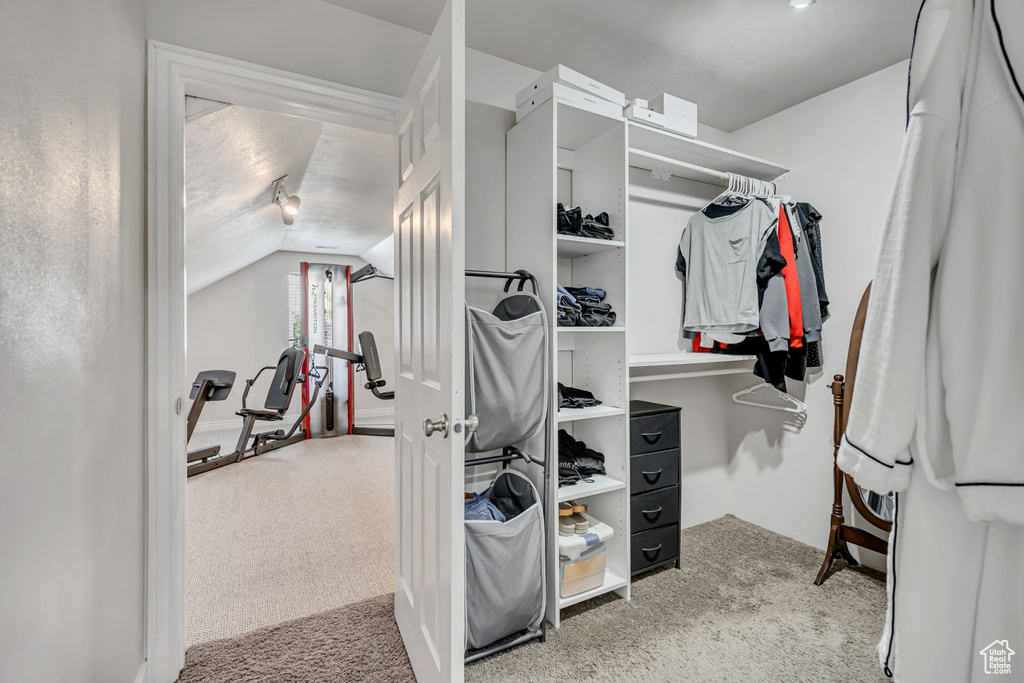 Spacious closet with carpet floors and vaulted ceiling