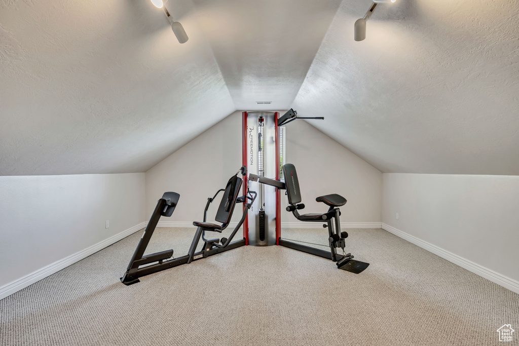 Workout room featuring a textured ceiling, vaulted ceiling, baseboards, and carpet floors