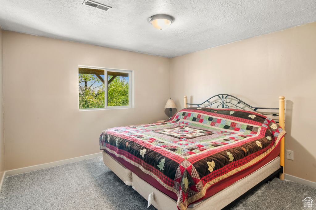 Carpeted bedroom featuring baseboards and a textured ceiling